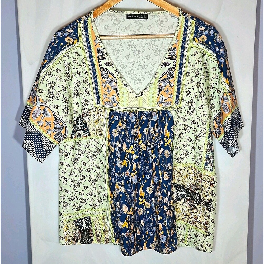 Boho Patchwork Floral Blouse S Mint Green Navy Lace Trim Cottagecore Artsy Flowy